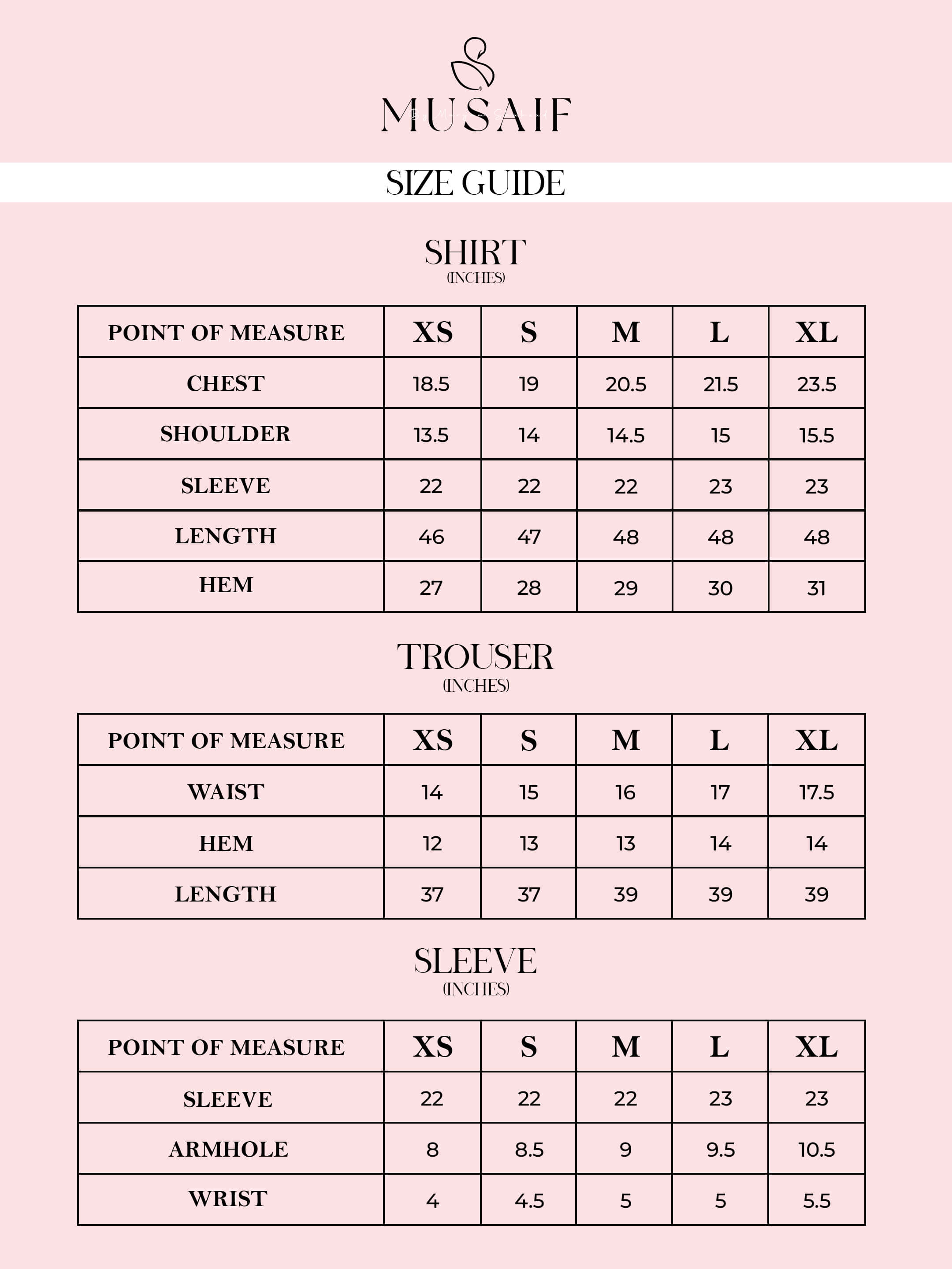 Musaif Size chart